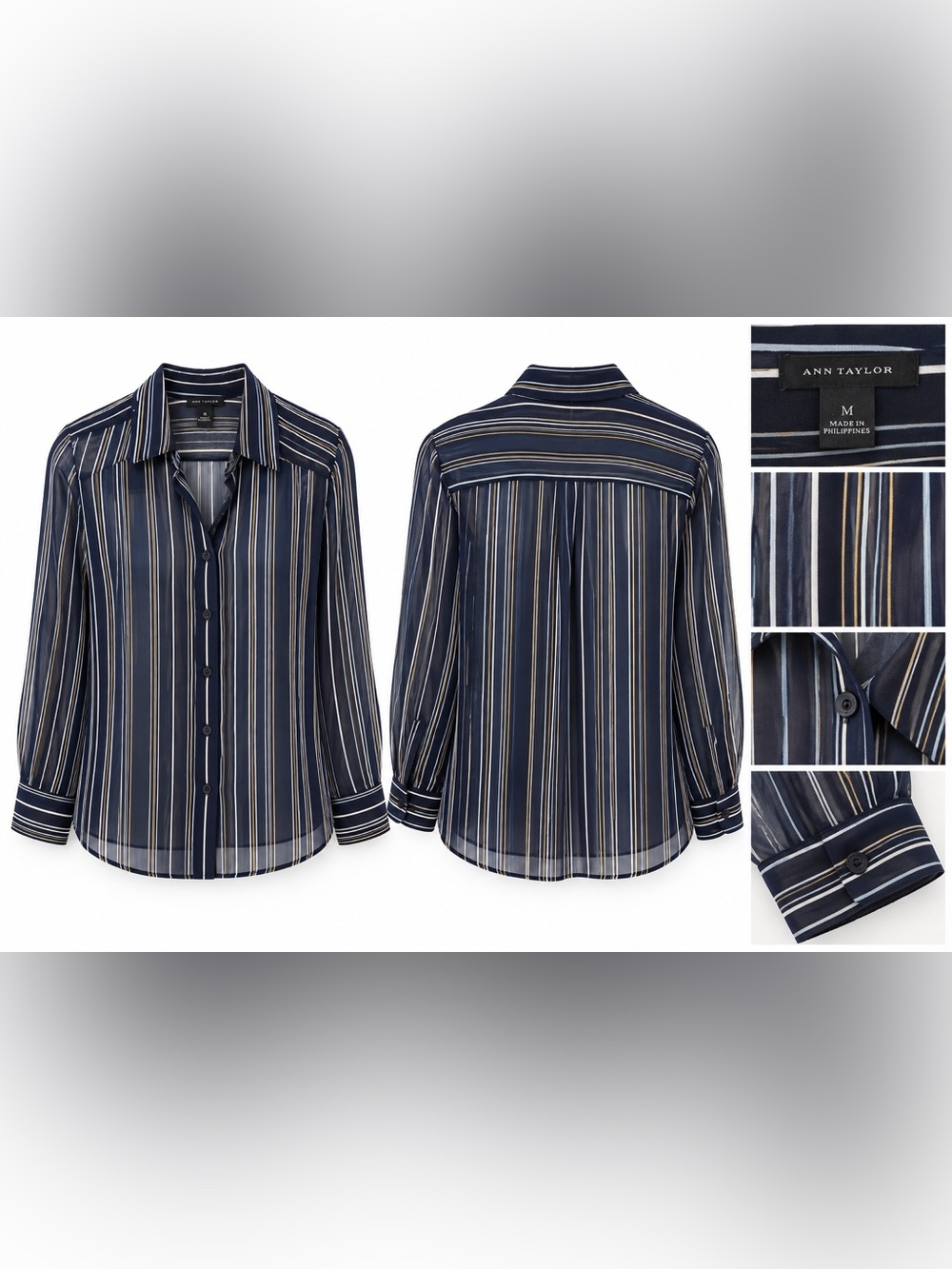 Ann Taylor Navy Multi-Stripe Sheer Button-Down Blouse – Size Medium